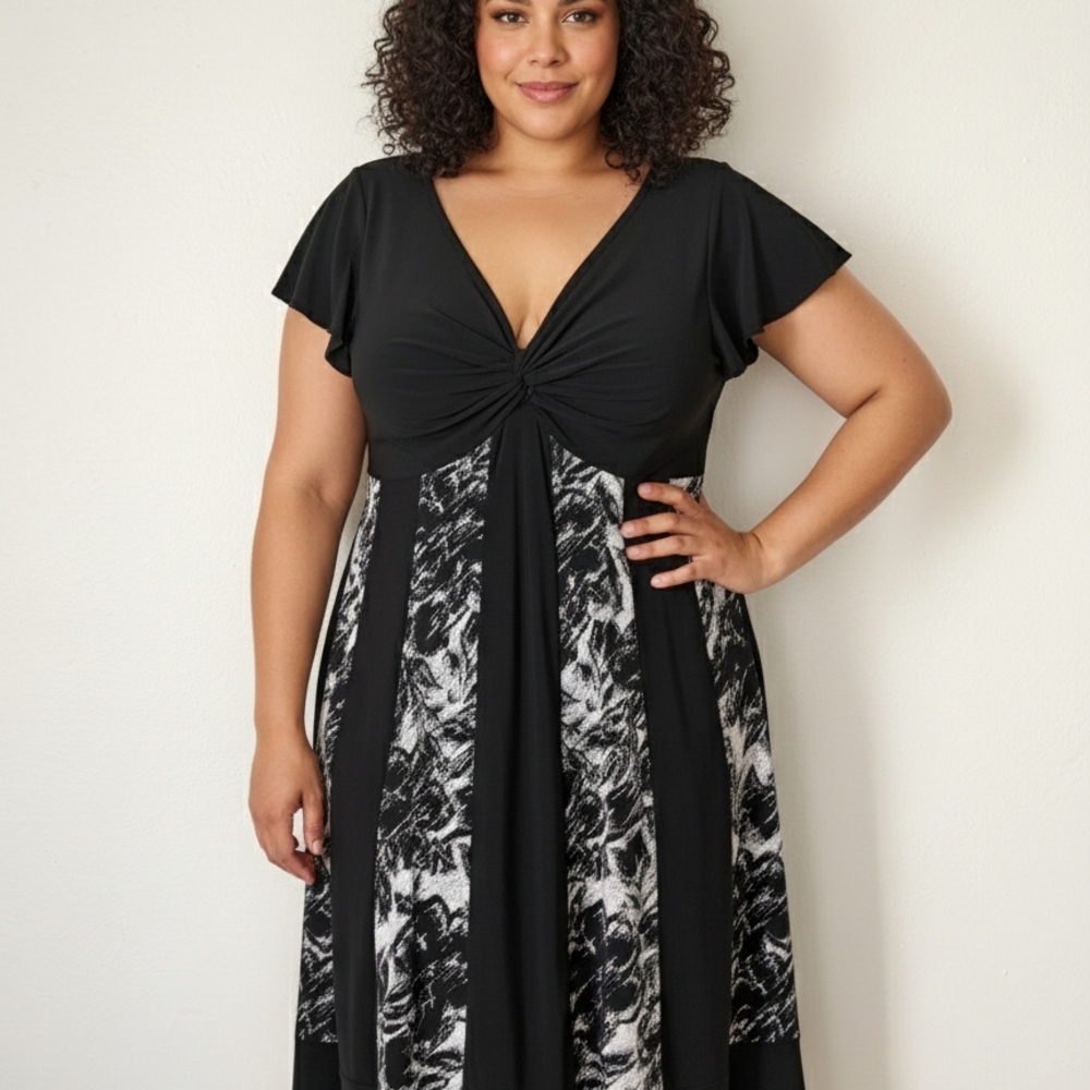 R&M Richards Black and White Midi Dress with Twist Front